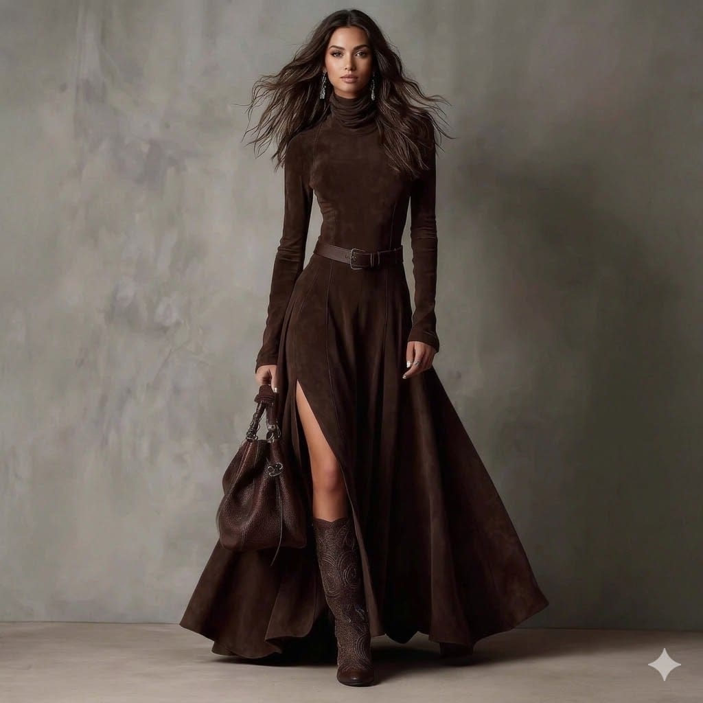 Vestido "Pioneira" longo e elegante com cinto, moda country europeia e americana